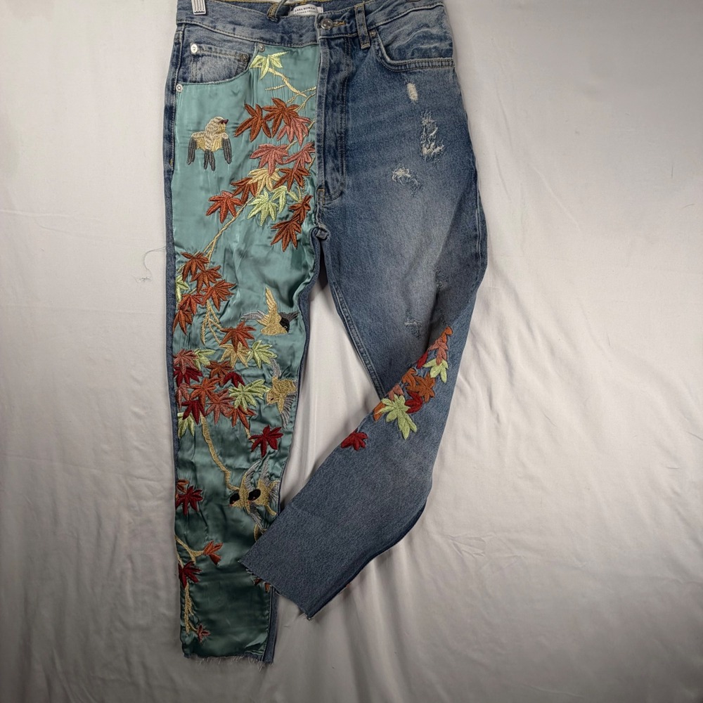 Zara Jeans Size 2 Blue Embroidered Satin Panel Bird Floral Distressed Raw Hem